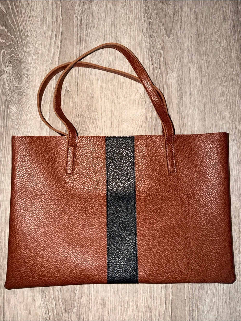 Vince Camuto Brown Leather Laptop Tote with Black Center Stripe